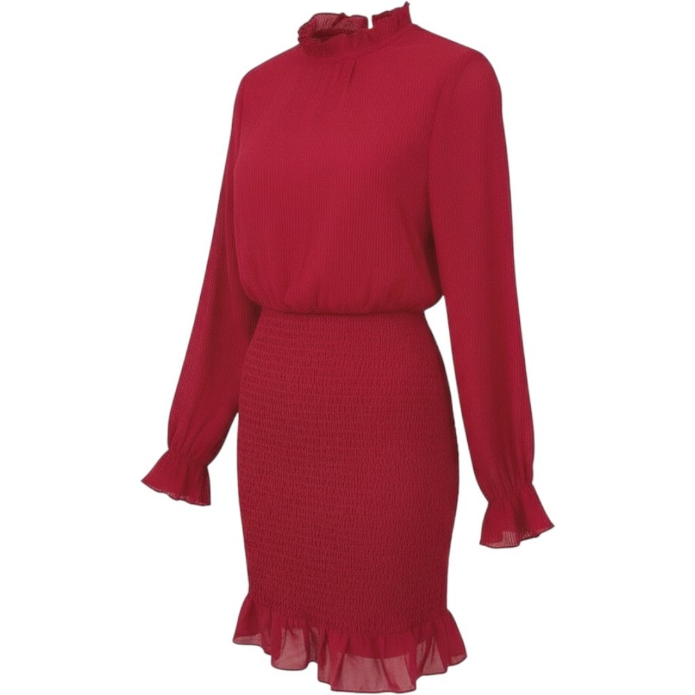 She + Sky Mini Dress Women M Red Plissé Smocked Bodycon Ruffle Mock Neck